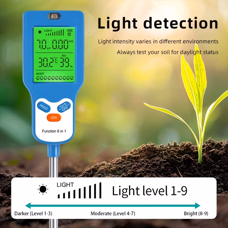 Medidor de suelo portátil 6 en 1 - Fertilidad Temp Luz Humedad Jardineria - Imagen 3